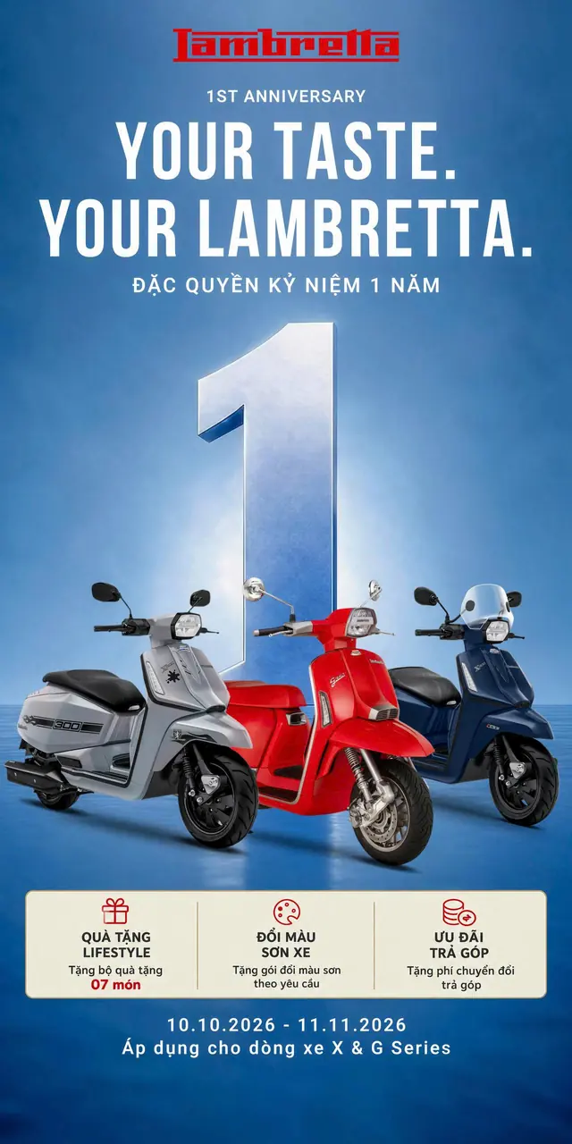 Poster Đặc quyền kỷ niệm 1 năm: số 1 lớn và ba mẫu Lambretta xám, đỏ, xanh navy trên nền xanh